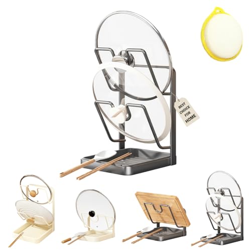 Pot Lid Holder Kitchen Organizer Rack with Drip Tray Functional Double Layer Countertop Storage Lids Solution for Cooking Pots and Pans While Cooking Cover Crock Holders Inside Cabinet Door
