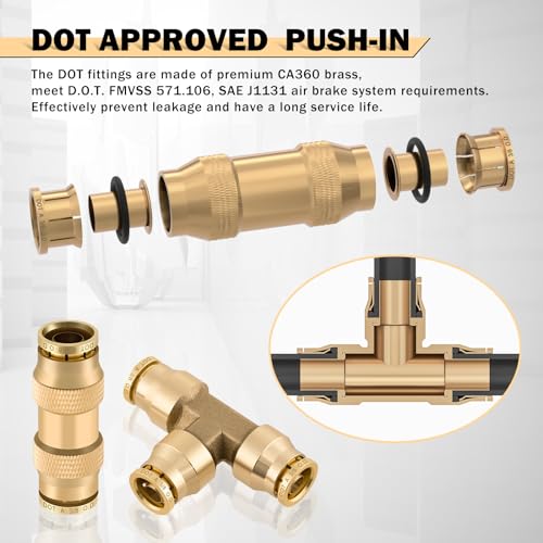 CheeMuii 35 PCS Brass DOT Air Line Fittings Kit 1/4 3/8 1/2 DOT Quick Connect Air Fittings Straight & Tee Union Push to Connect Air Hose Fittings for Semi Truck Trailers Air Brake System - size: 35PCS