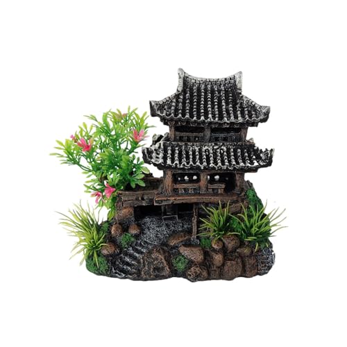Aquarium Decoration Chinese Ancient Tower, Resin Small Fish Tank Hideout Hut Accessories, Artificial Landscape Decor Hideaway House with Tree Moss, Hollow Hideout Castle Ornament (Building)