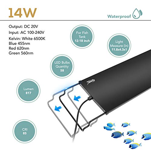 hygger Fish Aquarium LED Light, 14W 24/7 Lighting Sunrise-Daylight-Moonlight Mode DIY , Adjustable Timer/Brightness with Extendable Bracket 7 Colors for Planted Tank - size: 14W for 12~18inch Tank