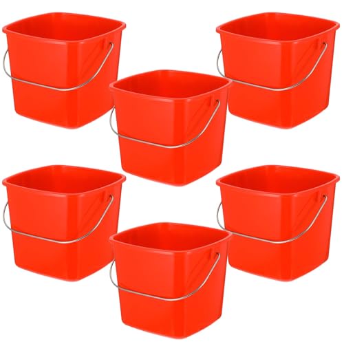 Kifmurase 6 Pcs 3 Quart Plastic Cleaning Bucket, Small Square Detergent Pail with Handles, Utility Bucket for Home, Office, Kitchen, School, Commercial Use,（Red）