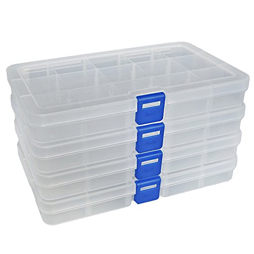 DUOFIRE Plastic Organizer Container Storage Box Adjustable Divider Removable Grid Compartment for Jewelry Beads Earring Container Tool Fishing Hook Small Accessories（15 grids，White x 4） - color: White - 15 Grids, size: 4 pack
