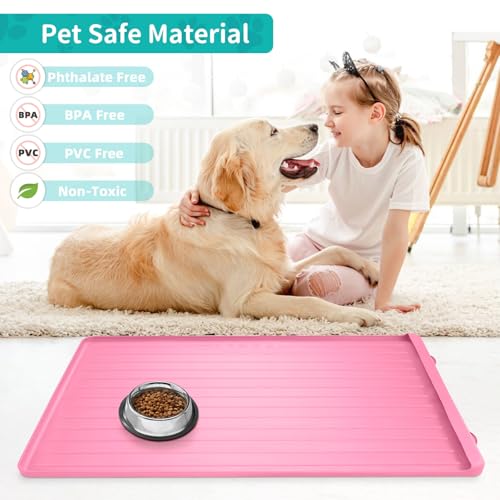Dog Mat for Food and Water - 39.4" x 27" Large Pet Feeding Mats with Residue Collection Pocket - Waterproof Dog Cat Bowl Mat with High Edges to Prevent Water and Food Spills (Pink, 39.4''x27'') - color: Pink
