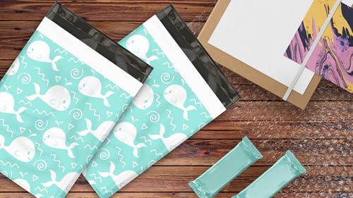 12x15 (50) Blue Whales Designer Poly Mailers Waterproof Self Sealing Tear Resistant Polymailers Shipping Envelopes Premium Printed Bags For Small Businesses - color: Blue Whale, size: 12x15