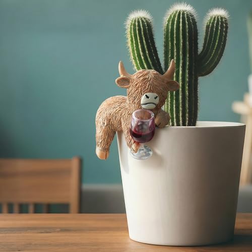 Highland Cow Statue Highland Cow Figurine Plant Pot Hanger Hugger, Resin Highland Cow with Red Wine Ornament Garden Decor for Yard Lawn, for Plant Parents - style: Cow Wine