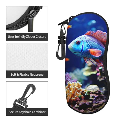 Coral Reef Fish Aquarium Glasses Case with Carabiner Ultra Light Neoprene Zipper Eyeglass Case Portable Sunglasses Soft Case