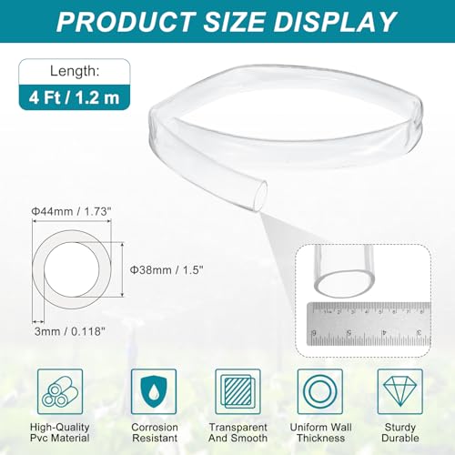 uxcell Clear PVC Tubing, 38mm ID x 44mm OD - 4ft PVC Tube Lightweight Vinyl Hose, Transparent Flexible Plastic Water Tubing for Air Oil Water Transfer Aquarium Irrigation - size: 38mm ID x 44mm OD