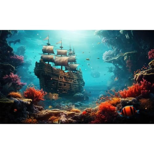Underwater World Aquarium Background Vibrant Underwater Coral Reef Sunken Wooden Ship Ruins Fish Tank Background Tropical Seascape Terrarium Backgrounds Undersea Shipwreck Reptile Backgrounds 24x12in - color: Blue_Orange, size: 24(W)x12(H)in