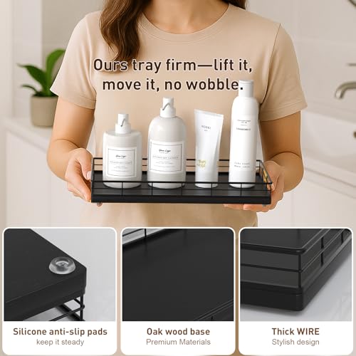 Toilet Paper Basket Organizer – Oak Wood Toilet Tank Tray with Metal Frame, Bathroom Counter Top Storage for Toilet Paper, Wipes & Decor, Modern Narrow Back of Tank Shelf Organizer, Black - color: Black, size: 13" x 6.5" x 2"