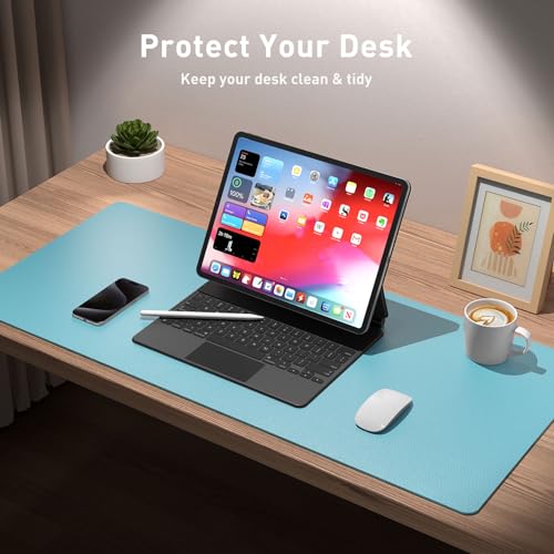 Aothia Large PU Leather Desk Pad Protector – Non-Slip Mouse Pad & Writing Mat for Office/Home, Waterproof, Easy to Clean(23.6" x 13.7", Blue Topaz) - color: Blue Topaz, size: 23.6" x 13.7"