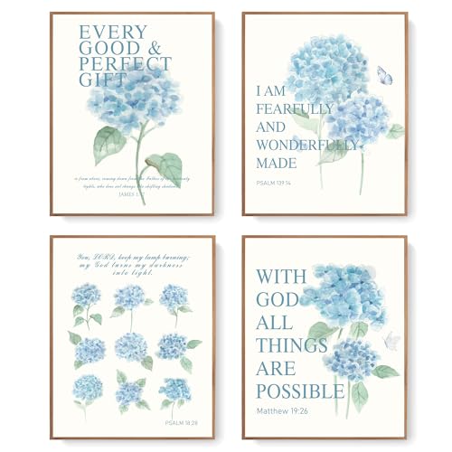 LARTSFRO Hydrangea Floral Bible Wall Art Decor Posters, Blue Floral Spring Christian Room Bathroom Bedroom Dorm Wall Art Decor Aesthetic for College Teen Girls Gifts, Inspirational Bible Verses Wall Decor, 10x8 Inch Set of 4 Pcs Hydrangea Pictures (UNFRAM