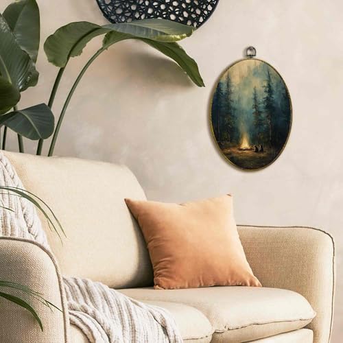 XFCICRLJ Vintage Camping Bear Forest Wall Art Decor, Dark Forest Oval Canvas Prints Framed, Moody Cottagecore Campfire Bear Wall Art Decorations for Home Bedroom Living Room Decor, 11x8.5 Inch - color: Camping