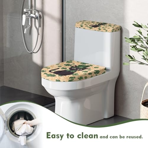 St Patricks Day Toilet Seat Lid Cover Pack of 2, for Home Indoor Decor, Toilet Tank Lid Cover Replacement with Elastic Bottom Fits for Most Toilet Tanks & Lids, Black Cat Four Leaf Clover - color: Black Cat Four Leaf Clover
