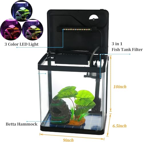 Betta Fish Tank Self Cleaning 2 Gallon Small Aquarium Starter Kits Desktop Room Decor w/LED Light Decorations & Whisper Filters Water Pump (260V2) - size: 260b