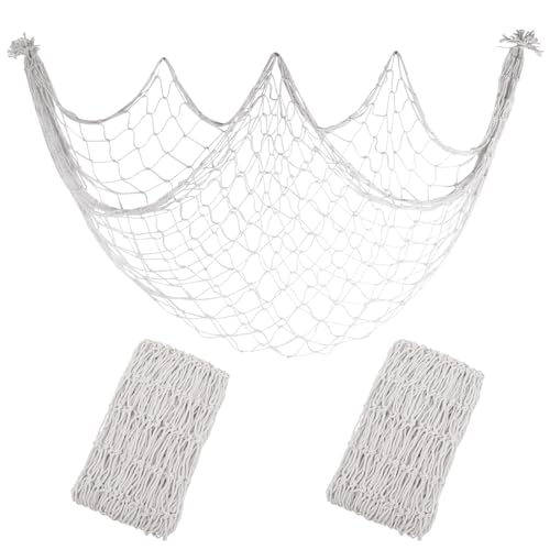 2 Pack Decoractive Fishing Net 80x40 Inch, 3mm Off White Natural Cotton Large Picture Wall Hanging Fish Net, Halloween Party Decorations Fishnet for Tropical Nautical Pirate Beach Mermaid Themed Party - color: White, size: Large - 2 Pack