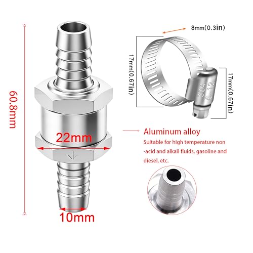 mxuteuk 2Pcs 3/8" 10mm Aluminium Silver Non Return One Way Check Valve with 4Pcs 6-12mm Universal Adjustable Hose Clamps for Fuel Petrol Diesel Line Oil M-H-032-10mm - color: Silver, size: 3/8" 10mm