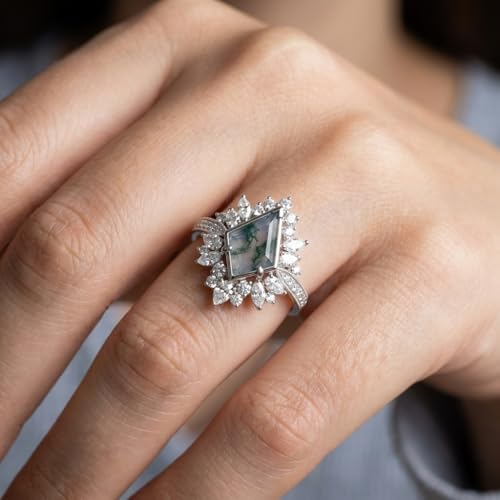 Natural Moss Agate Engagement Ring Set for Women, Unique Genuine Moss Agate Ring, 925 Sterling Silver 10K 14K 18K Solid Gold Nature Inspired Bridal Set, Boho Wedding Jewelry Gift - color: Seven