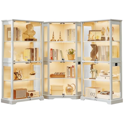 LELELINKY Farmhouse Glass Display Cabinet Set of 3 with Doors, Corner Curio Cabinet for Collectibles, Wooden Display Cabinets for Home, Office, Living Room, Corner, White - color: White, size: Set C
