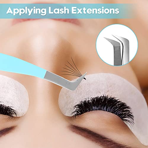 Ms.Queen Volume Lash Tweezers, Fiber Grip L-Angled Tips Boot Tweezers for Mega Volume Eyelash Extensions, Blue - style: Boot Tweezers