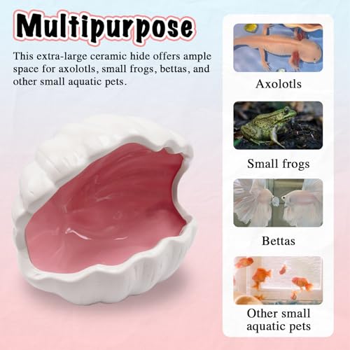 Axolotl Hide Shell Shape Ceramic Fish Tank Cave, Double Sided Glaze, Fish Tank Decor Shelter for Small Pet Frog Fish Betta (Extra Large, Pink)