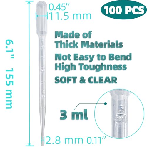 Zkupanx 100 PCS 3ML Pipettes Dropper - Disposable Plastic Dropper Pipette for Accurate Liquid Transfer, Excellent Suction, Pipettes for Essential Oils, Resin, Crafts, Labs, Kids Activities, DIY Art - size: 3mL 100PCS
