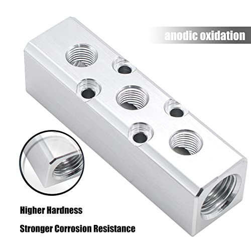 Air Manifold, 3 Way 5 Port Air Compressor Manifold, Aluminum Air Hose Inline Manifold Block Splitter, Pneumatic Manifold Air Distribution Block, NPT 1/2 Inch Supply Port, NPT 1/4 Inch Output Port - size: 1PCS 3 Way 5 Port（Silver）