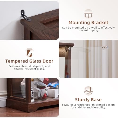 LELELINKY Farmhouse Glass Display Cabinet with Doors, Wooden Curio Cabinet for Collectibles with 3-Color LED Motion-Sensor Light & Reinforced Base, Walnut - color: Walnut, size: Single