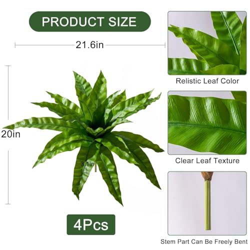 4 Pcs Artificial Greenery Stems Fake Bird Nest Fern Faux Branches Artificial Plants Realistic Fake Dracaena Realistic Plants for Indoor Outdoor Porch Patio Home Office Living Room Decor (Bright Green) - color: Bright Green