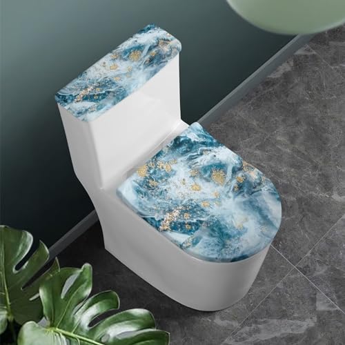 Bathroom Toilet Tank Lid Cover Set of 2, Easy to Clean Washable Toilet Lid Seat Cover Home Bathroom Decoration Fits Most Size Toilet Tanks & Lids, Grey Blue Marble - color: Grey Blue Marble