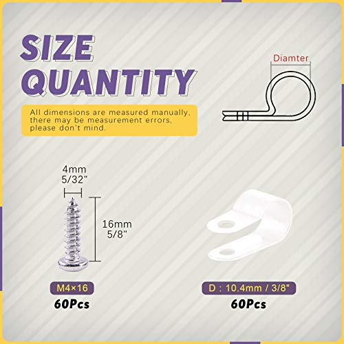 Swpeet 60 Pack White 3/8 Inch Nylon Plastic R-Type Cable Clips Clamp Kit, Nylon Screw Mounting Cord Fastener Clips with 60 Pack Screws for Wire Management (3/8 Inch, White) - color: White, size: 3/8 Inch