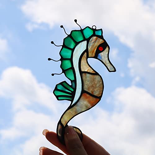 Seahorse Decor Stained Glass Window Hanging,Sea Nautical Gift Suncatcher Hanging Ocean Theme Decor for Living Room,Bathroom,Kitchen,Birthday Gifts for Mom,Women - color: P
