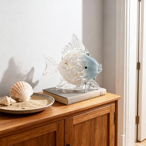 Large Hand Blown Glass Fish Figurines, Aquarium Sea Glass Art, Blue White Fish Statue Sculpture Modern Coastal Accent - for Beach Knick Knacks, Coffee Tables, Nautical Offices Centerpiece - color: Blue White