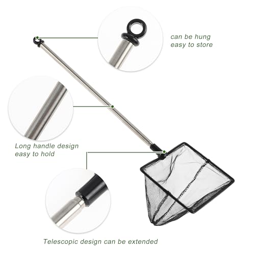 Fish Tank Net, Fine Mesh Aquarium Fish Net, Long Handle Fish Net, Stainless Steel Extendable Handle, Square Aquarium Cleaning Net for Aquarium Accessories