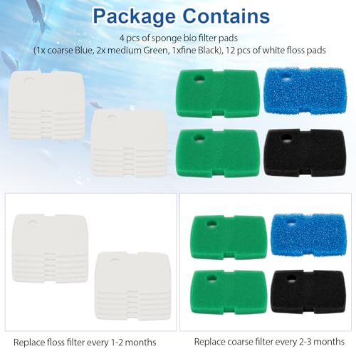 Replacement Canister Filter Pads Replacement for Cascade 700/1000 CCF2UL/CCF3UL Generic Aquarium Floss Media, 4 pcs of sponge bio filter pads (1xCoarse, 2xMedium, 1xFine), 12 pcs of white floss pads