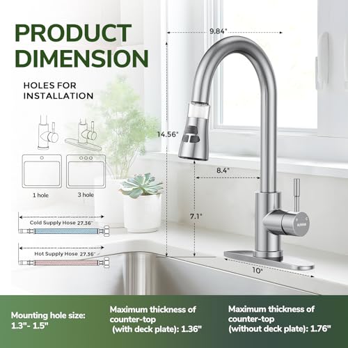 Kitchen Faucet With Pull Down Sprayer, Hurran Brushed Nickel Water Filter Faucets, High Arc Single Handle Kitchen Sink Faucet 1 or 3 Hole, Utility Sink Faucets With Deck Plate For Farmhouse Rv Wet Bar - color: Nickel
