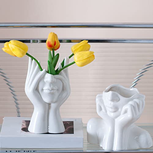 White Ceramic Face Vase Set of 2, Female Form Modern Vases Head Half Bust Vase for Flowers, Decorative Vases Centerpieces for Table Home Office Decor - color: White Face Set of 2