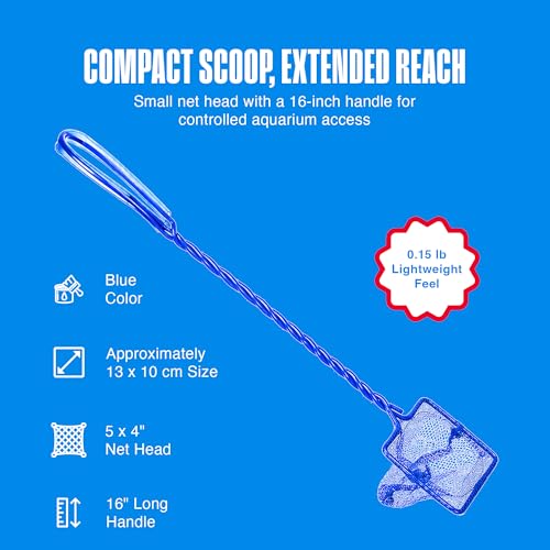 Penn-Plax Quick-Net Aquarium Fish Net - Fine Mesh, Vinyl-Covered Braided Handle - Small Aquarium Cleaning Tool for Gentle Fish Handling - Use in Freshwater & Saltwater Tanks - color: Blue, size: 5" Net - 16" Handle