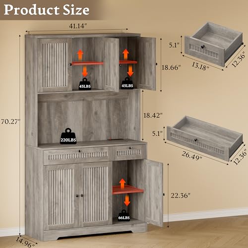 BORNOON Pantry Cabinet with Charging Station and Light, Tall Kitchen Pantry Storage Cabinet with Microwave Stand, Wide Fluted Kitchen Hutch with Storage Drawers and Adjustable Shelves for Dining Room - color: Wood, size: 6-Door