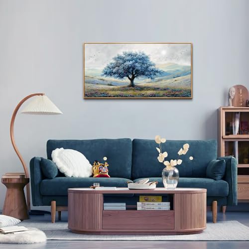 ZUITINGHUA Wood Framed Canvas Wall Art For Living Room Wall Decor For Bedroom Modern Office Wall Decoration Blue Tree Landscape Paintings Farmhouse Pictures Artwork Aesthetic Home Decor 20x40 In - color: Blue Tree Wood Framed, size: 40"L x 20"W