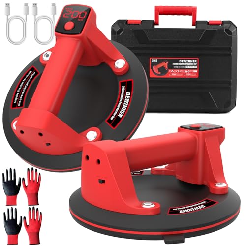 DEWINNER 8" Electric Glass Suction Cup Lifter, 600 LBS Max Load Vacuum Glass Lifter with 2 X 1200mAh Built-in Batteries, Industrial Strength Vacuum Suction Cup for Glass, Tile, Granite, Metal(2PCS) - color: Red