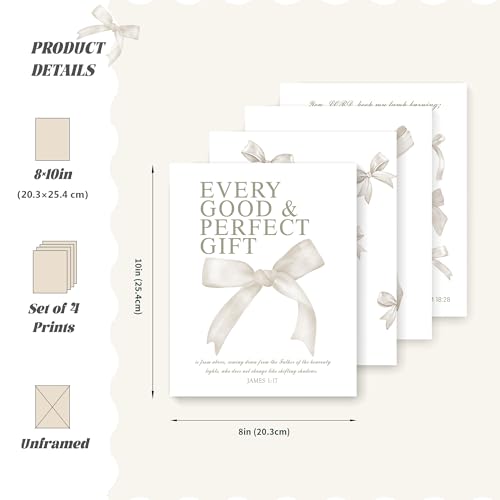 LARTSFRO Coquette Beige Bow Christian Wall Art Decor Posters, Beige Bow Christian Room Bedroom Bathroom Dorm Wall Art Decor Aesthetic for Women College Teen Girls Gifts, Inspirational Bible Verses Bow Wall Decor, 10x8 Inch Set of 4 Pcs Bow Pictures (UNFRA