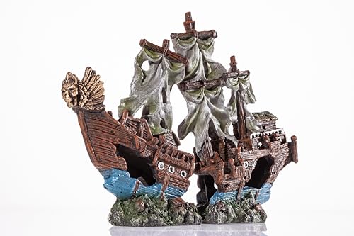 Shipwreck Aquarium Decorations Pirate Ship Ornament w/Sail (2 Pieces) 5 Gallons and Larger Fish Tank, Sunken Ship Decoration Ornaments, Decorative Resin Boat for Freshwater Saltwater Decor - size: 10" x 7.1"