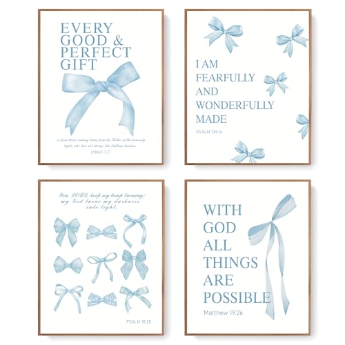 LARTSFRO Coquette Blue Bow Wall Art Decor Posters, Baby Blue Bow Room Bedroom Bathroom Dorm Wall Art Decor Aesthetic for College Teen Girls Gifts, Inspirational Bible Verses Bow Wall Decor, 10x8 Inch Set of 4 Pcs Bow Pictures (UNFRAMED) - color: baby blue