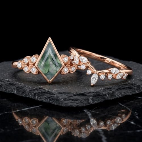 Natural Moss Agate Engagement Ring Set for Women, Unique Genuine Moss Agate Ring, 925 Sterling Silver 10K 14K 18K Solid Gold Nature Inspired Bridal Set, Boho Wedding Jewelry Gift - color: Four