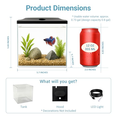 0.8-Gallon Cube Small Fish Tank, Shatterproof Plastic Fish Tank with LED Lighting, Temporary Fish Bowl for Fry, Isolation, Education & Decoration