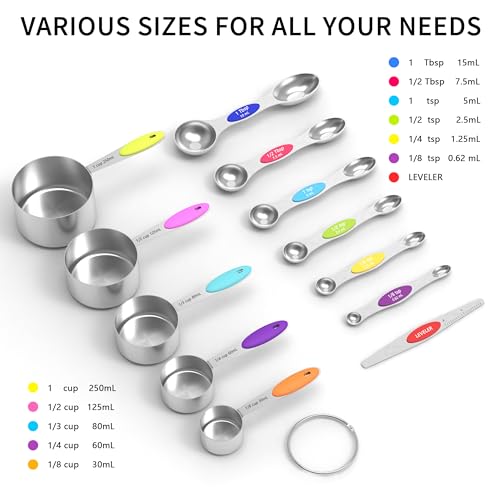 TILUCK measuring cups and magnetic measuring spoons set, stainless steel measuring cups, 6 double-sided stainless steel measuring spoons & 1 leveler (12)