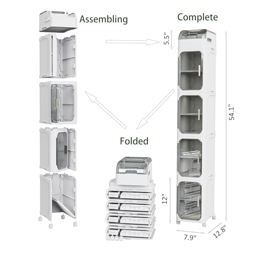 BINSIO 5-Tiers Slim Bathroom Organizers and Storage, Bathroom Counter Organizer, Toilet Paper Storage, Foldable Organizer Storage Cabinet, Portable Laundry Room Organization, Plastic White Clear Doors - size: 5 Tiers