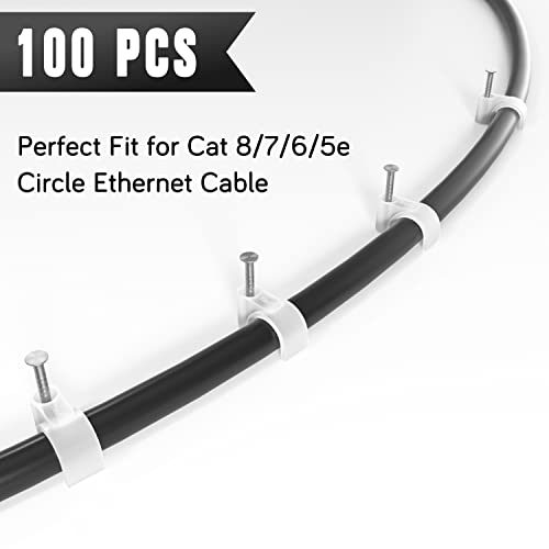 CableGeeker Cable Clips 100 Pieces Cat8 Cat7 Cat6 Ethernet Cable Clips with Nails 7mm Cord Holder for Circle Ethernet Cable (White) - style: Nail in Round Cable Clips 100Pcs