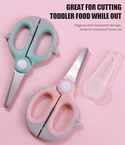 Baby Food Scissors Kicthen Shears -2Pack Portable Healthy Kids Scissors,Stainless Steel Scissor with Storage Travel Case - Ideal for Cutting Meat, Chicken, Vegetables, and Fruits (Pink+Blue)