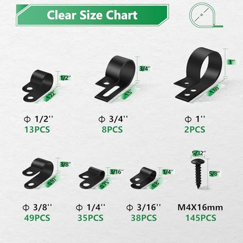 Cable Clips for Cable Management Cord Organizer, 6 Sizes 290 PCS Nylon R-Type, 3/16'' 1/4'' 3/8'' 1/2'' 3/4'' 1'' Black Plastic Screw Mounting Cord Fastener Clamp Assortment Kit with M4 Screws - color: 290PCS Black